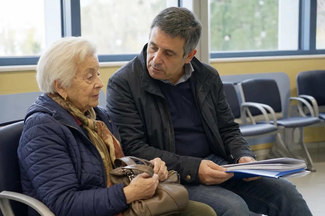 Un accompagnatore aspetta seduto accanto a una signora anziana nella sala d'attesa di un poliambulatorio