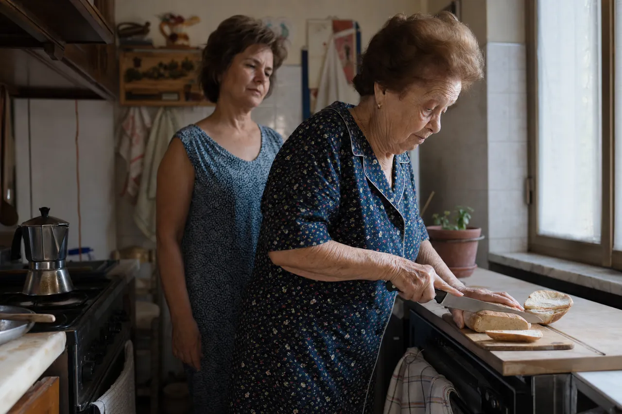 Una signora anziana affetta il pane in cucina mentre la figlia adulta la osserva da un passo di distanza, senza intervenire