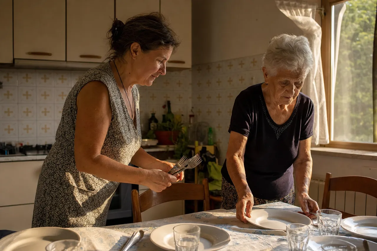 Una figlia adulta e la madre anziana apparecchiano insieme il tavolo della cucina nella luce calda del pomeriggio