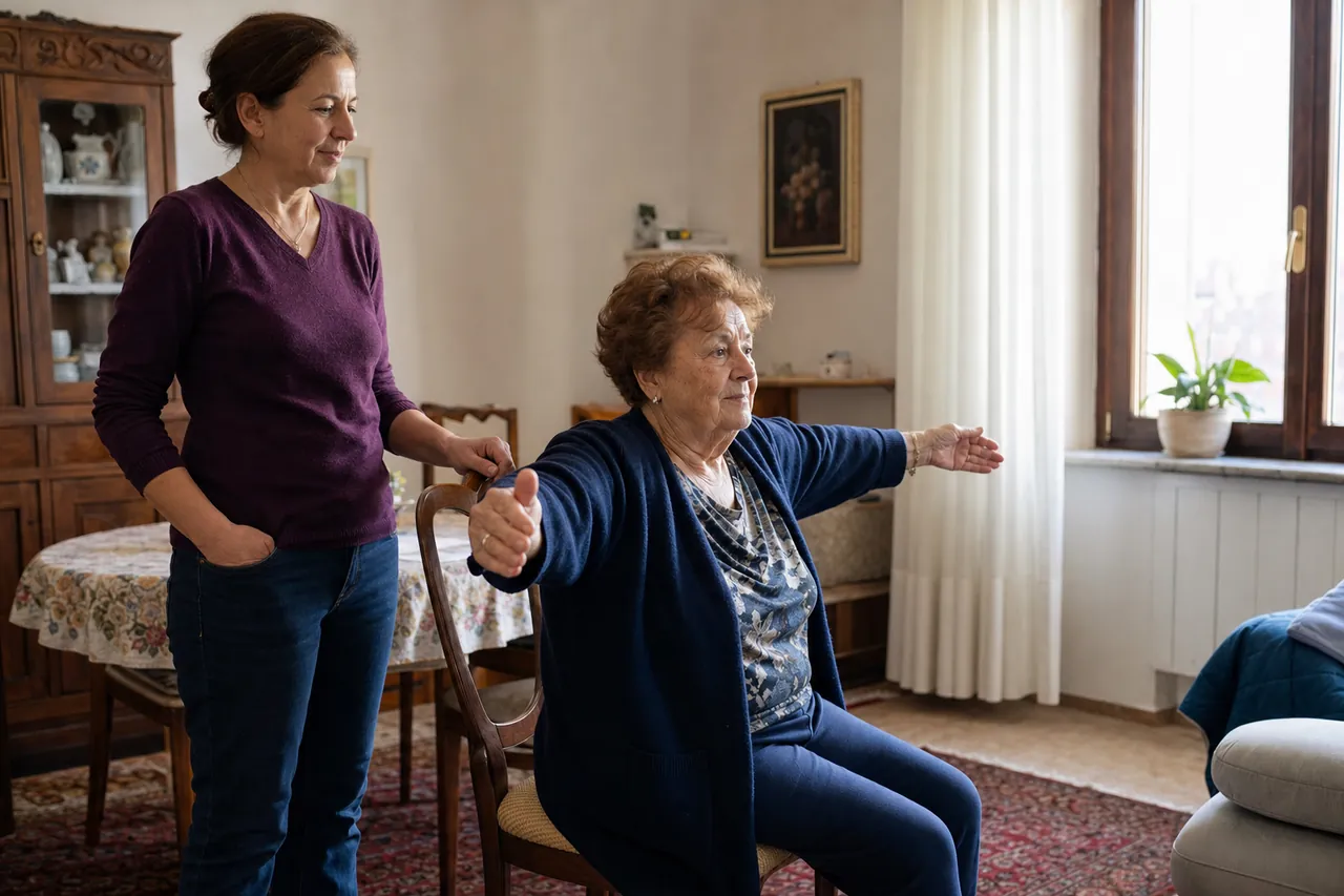 Una signora anziana esegue esercizi di mobilità delle braccia seduta su una sedia in soggiorno, mentre un'assistente le sta accanto in piedi