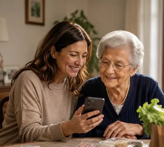 Una figlia e sua madre guardano insieme il preventivo sul telefono